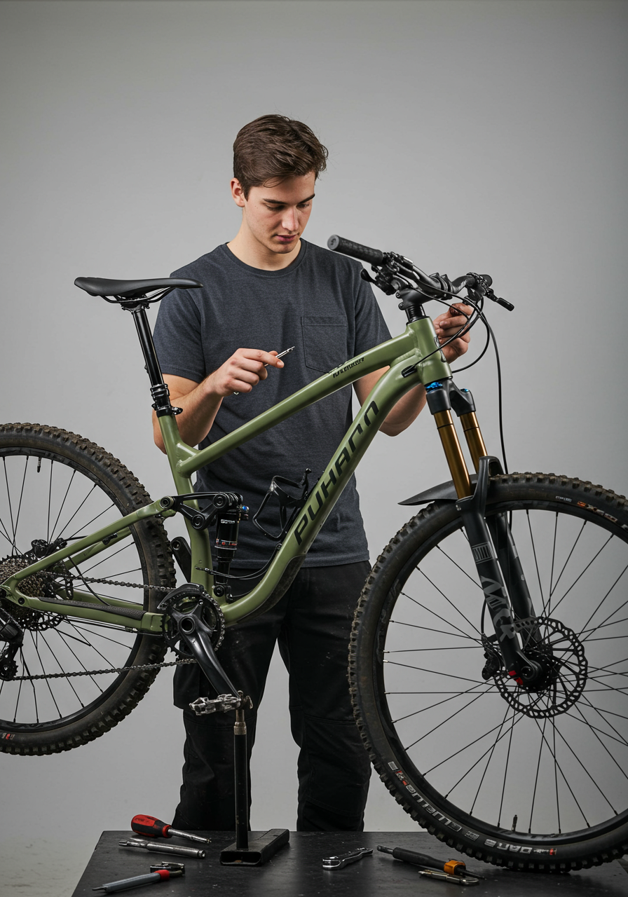 Técnico reparando bicicleta